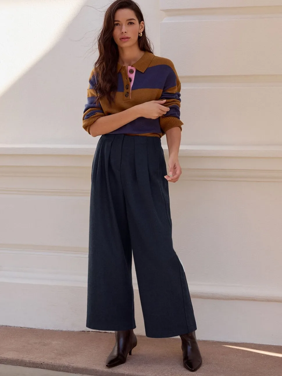 Marineblauw - N. Premium visgraat culottes met wol