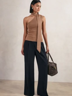 Marineblauw - Reiss Eden wijde broek van keperstof met elastische tailleband