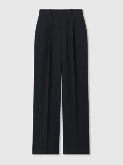 Marineblauw - Reiss Eden wijde broek van keperstof met elastische tailleband