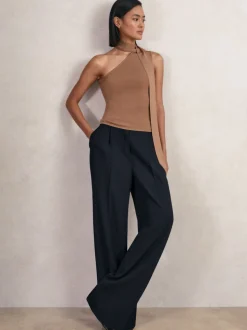 Marineblauw - Reiss Eden wijde broek van keperstof met elastische tailleband