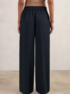 Marineblauw - Reiss Eden wijde broek van keperstof met elastische tailleband