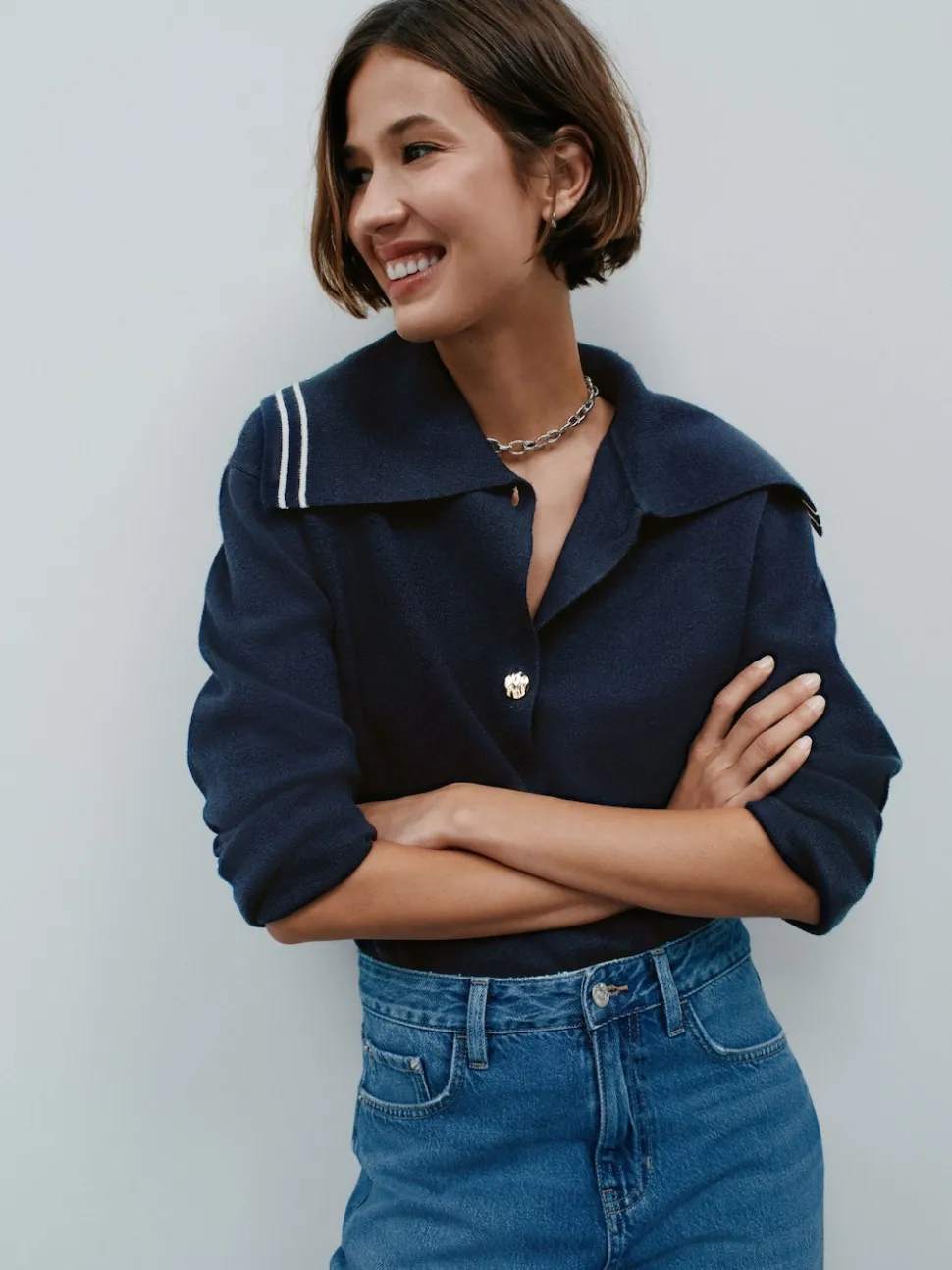 Marineblauw - Sailor Collar Cardigan