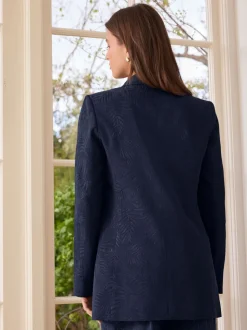 Marineblauw - Satin Jacquard Single Breasted Blazer