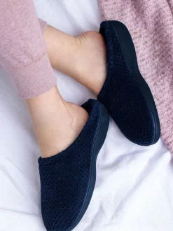 Marineblauw - Totes Isotoner Popcorn pantoffelmuiltjes van badstof