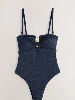 Marineblauw - Zwempak met buikcontrole en gestructureerde glitterbandeau