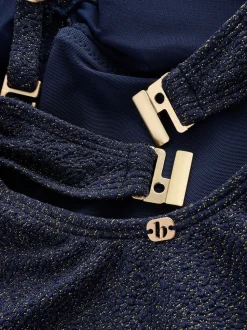 Marineblauw - Zwempak met buikcontrole en gestructureerde glitterbandeau
