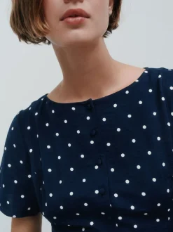 Marineblauw blauw gestippeld - Mini-jurk met strikceintuur