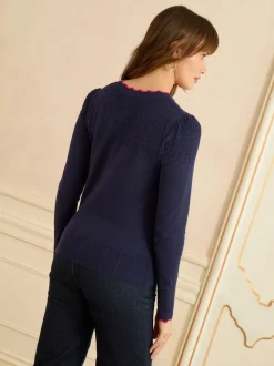 Marineblauw en roze geschulpt - Love & Roses gebreid vest
