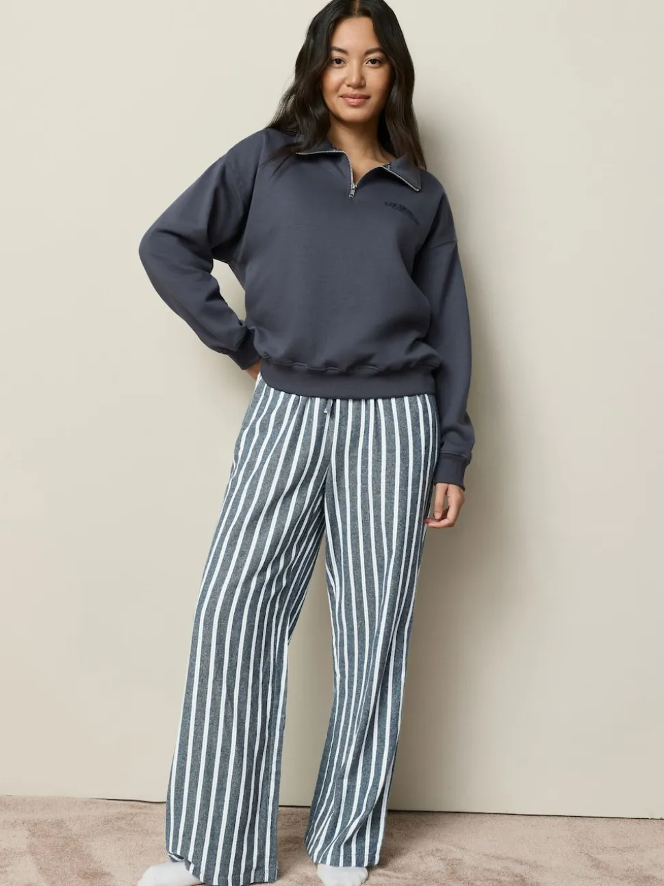 Marineblauw gestreept - Half Zip Sweatshirt and Flannel Pyjamas Set