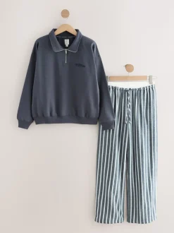 Marineblauw gestreept - Half Zip Sweatshirt and Flannel Pyjamas Set