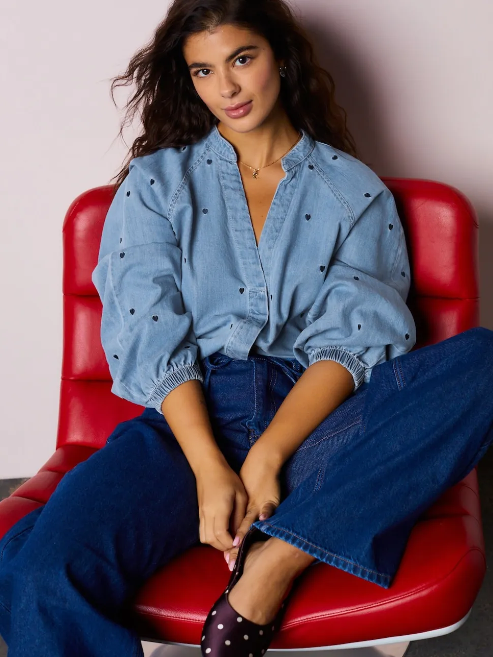 Marineblauw hart - Heart Embroidered V-Neck Puff Sleeve Denim Blouse