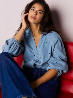Marineblauw hart - Heart Embroidered V-Neck Puff Sleeve Denim Blouse
