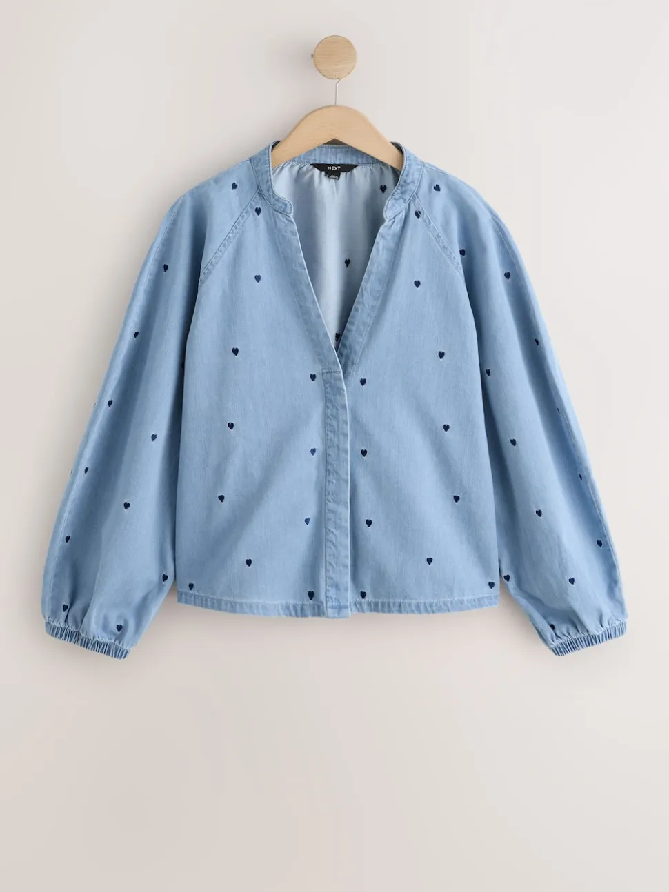 Marineblauw hart - Heart Embroidered V-Neck Puff Sleeve Denim Blouse