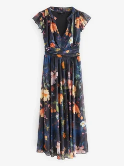 Marineblauw met bloemenprint - Halflange geplooide mesh gelegenheidsmaxi-jurk met print en V-hals