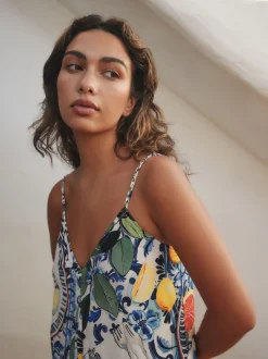 Marineblauw met bloemenprint - Fruit Print Volume Maxi Dress