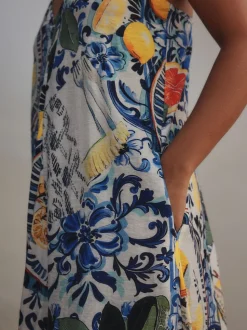 Marineblauw met bloemenprint - Fruit Print Volume Maxi Dress