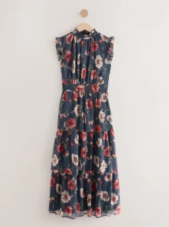 Marineblauw met bloemenprint - Gedrukte Maxi-jurk met hoge hals en tierlantijntjes