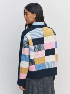 Marineblauw met meerdere lapjes - Gebreide trui met ronde hals van wol