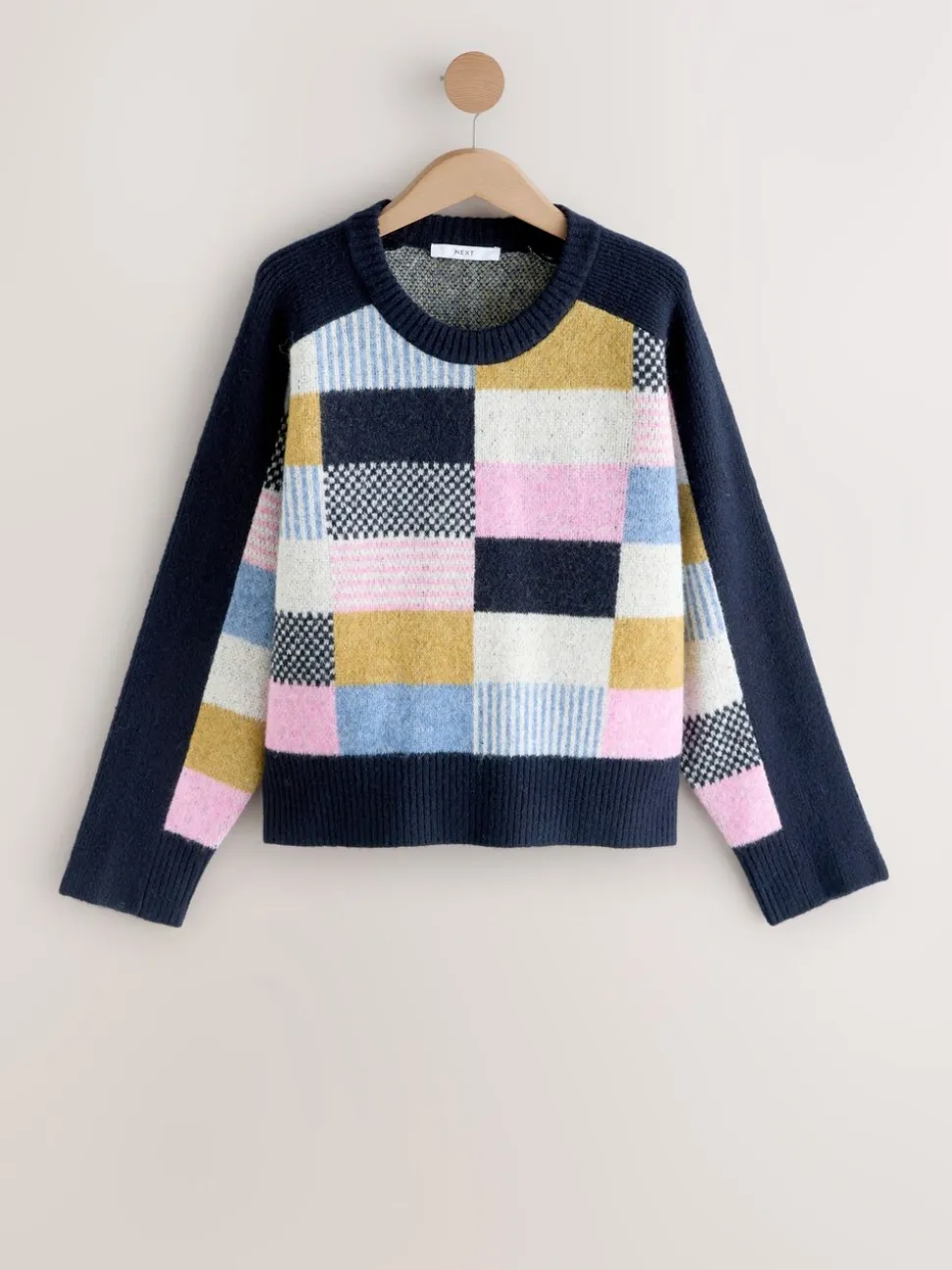 Marineblauw met meerdere lapjes - Gebreide trui met ronde hals van wol