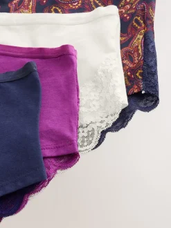 Marineblauw met paisleymotief - Katoenen kanten slipjes 4 stuks