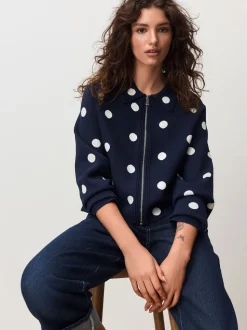Marineblauw met stippen - Smart Knit Collared Zip-Up Jacket