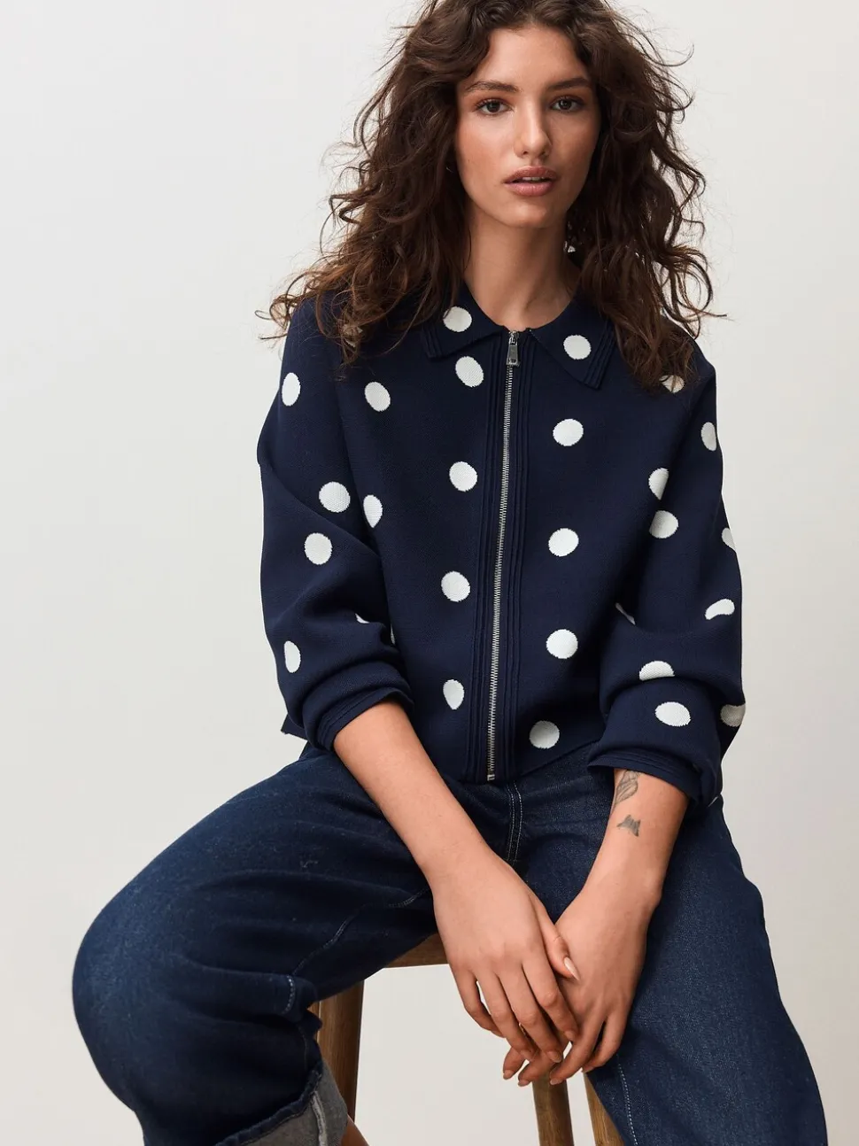 Marineblauw met stippen - Smart Knit Collared Zip-Up Jacket