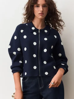 Marineblauw met stippen - Smart Knit Collared Zip-Up Jacket