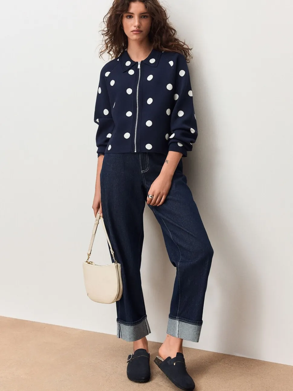 Marineblauw met stippen - Smart Knit Collared Zip-Up Jacket