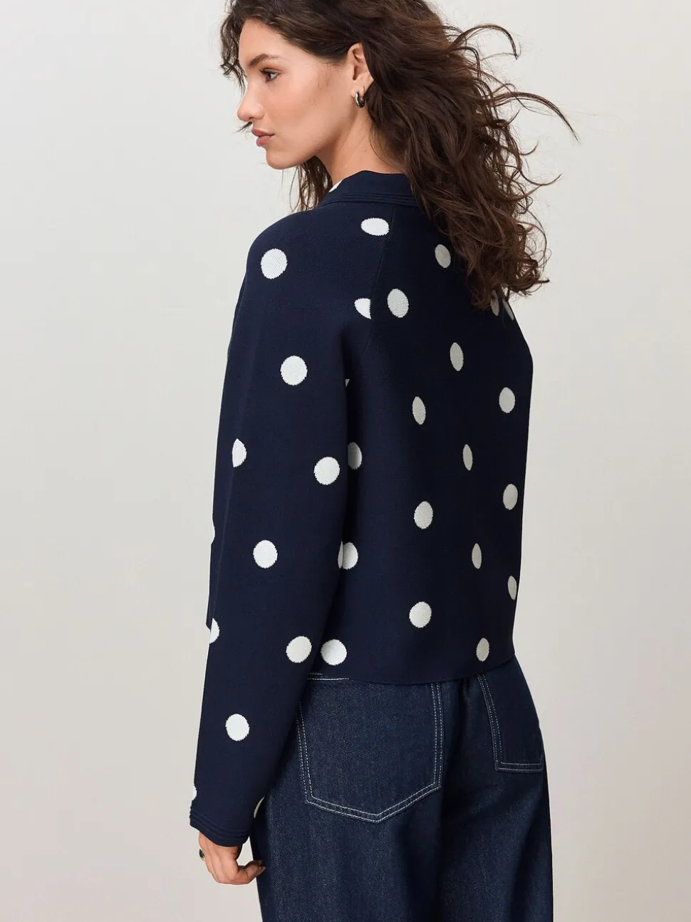 Marineblauw met stippen - Smart Knit Collared Zip-Up Jacket