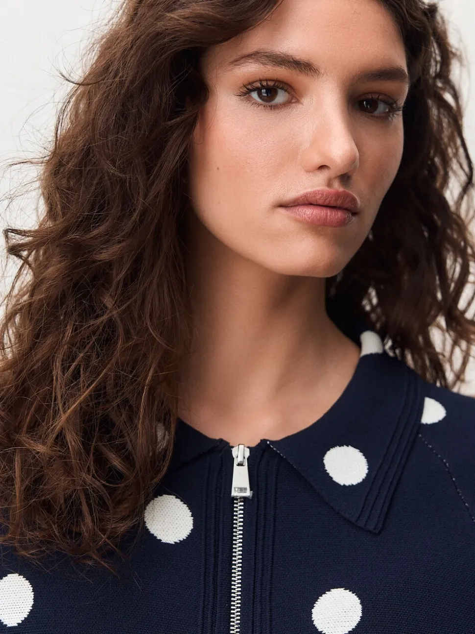 Marineblauw met stippen - Smart Knit Collared Zip-Up Jacket