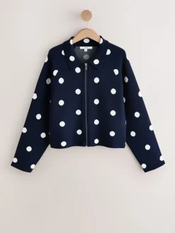 Marineblauw met stippen - Smart Knit Collared Zip-Up Jacket
