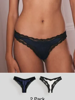 Marineblauw/Champagne - High Shine & Lace Trim Brazilian Knickers 2 Pack