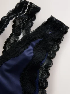 Marineblauw/Champagne - High Shine & Lace Trim Brazilian Knickers 2 Pack
