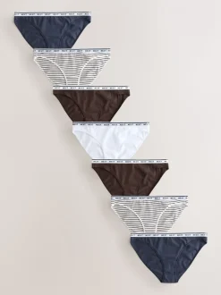 Marineblauw/chocoladebruin gestreept - 7 Katoenen slipjes met logotailleband