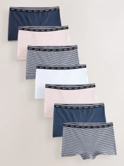 Marineblauw/chocoladebruin gestreept - 7 Katoenen slipjes met logotailleband