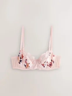 Marineblauw/crème met bloemenprint - Niet opgevulde beha's met hele cup