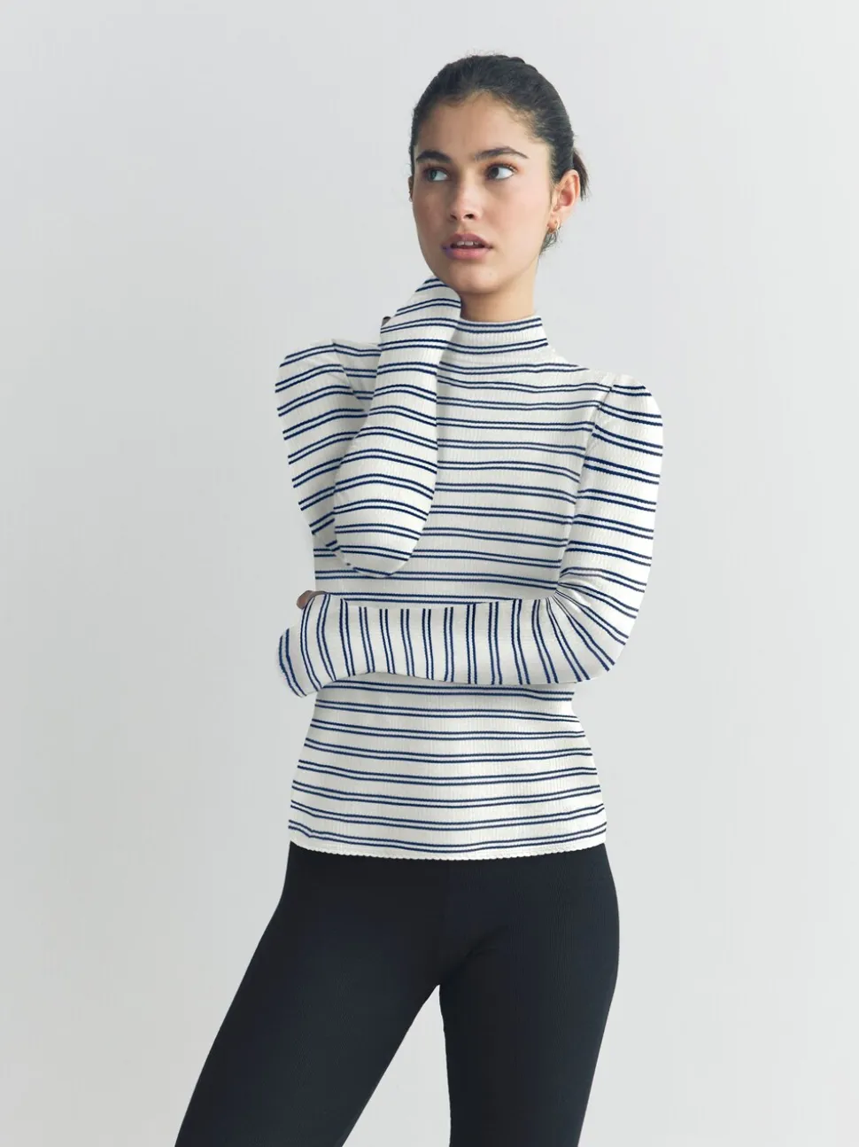 Marineblauw/crèmekleurig gestreept - Thermal Maximum Warmth Cosy Ribbed Roll Neck Top