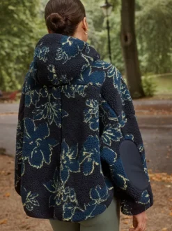 Marineblauwe bloemenprint - Active jack met capuchon van borg