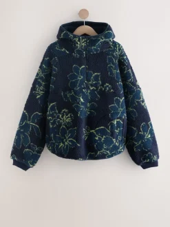 Marineblauwe bloemenprint - Active jack met capuchon van borg