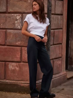 Marineblauwe krijtstreep - Smoothing Ponte Jersey Broek met Wijde Pijpen