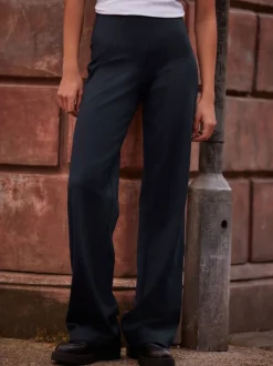 Marineblauwe krijtstreep - Smoothing Ponte Jersey Broek met Wijde Pijpen