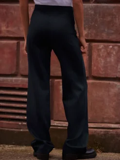 Marineblauwe krijtstreep - Smoothing Ponte Jersey Broek met Wijde Pijpen