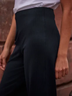 Marineblauwe krijtstreep - Smoothing Ponte Jersey Broek met Wijde Pijpen