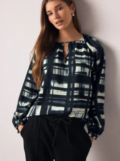 Marineblauw/ecru geruit - Keyhole Detail Relaxed Long Sleeve Blouse