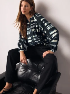 Marineblauw/ecru geruit - Keyhole Detail Relaxed Long Sleeve Blouse