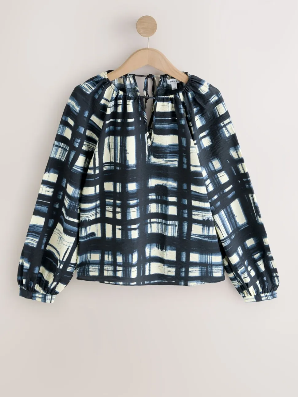 Marineblauw/ecru geruit - Keyhole Detail Relaxed Long Sleeve Blouse