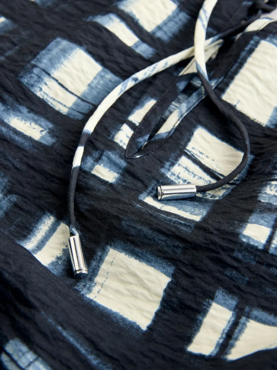 Marineblauw/ecru geruit - Keyhole Detail Relaxed Long Sleeve Blouse