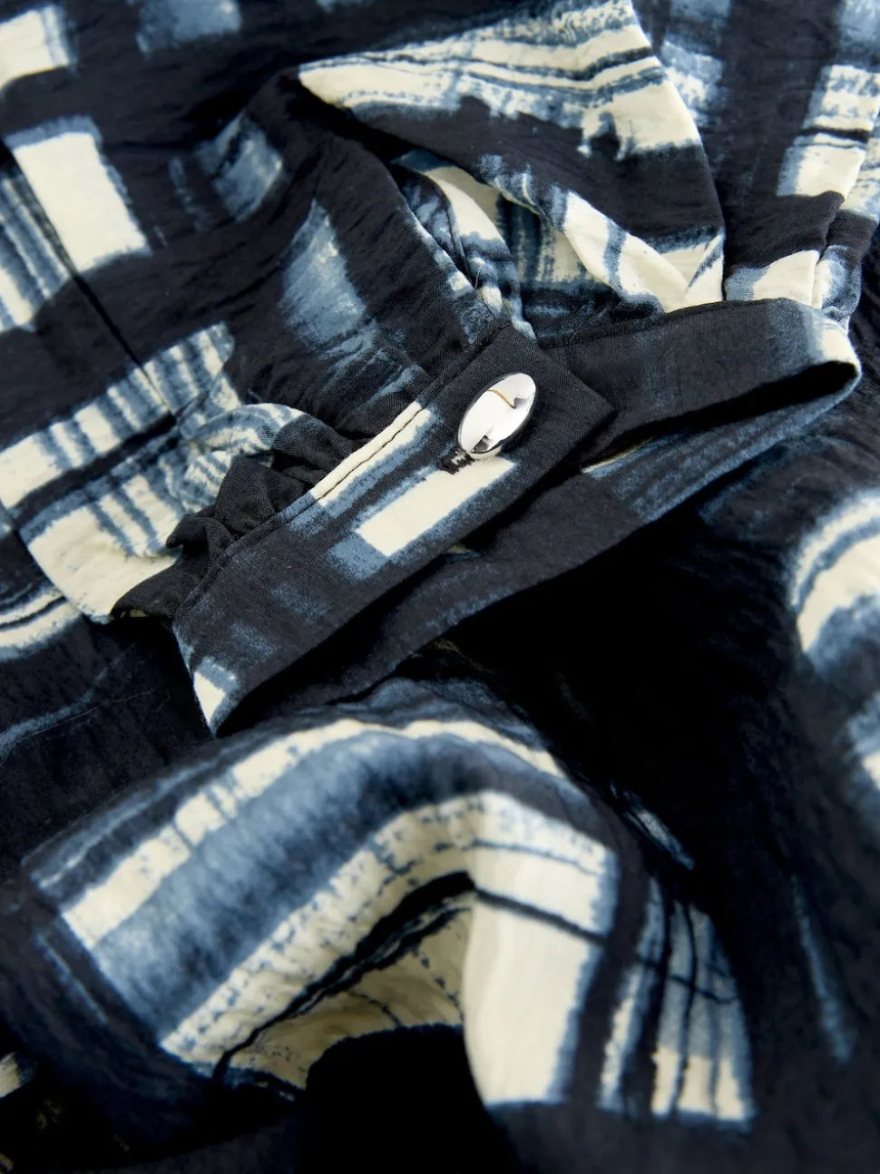 Marineblauw/ecru geruit - Keyhole Detail Relaxed Long Sleeve Blouse
