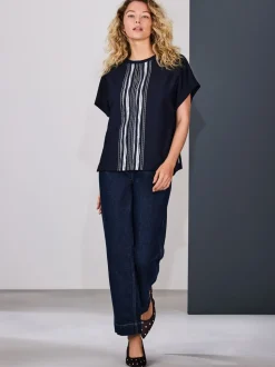 Marineblauw/ecru gestreept - Short Sleeve Keyhole Crew Neck Top