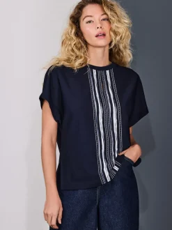 Marineblauw/ecru gestreept - Short Sleeve Keyhole Crew Neck Top